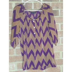 NWT Glam Women's Small Zig Zag Dot Button Collar Top Tunic Blouse Shirt